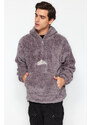 Trendyol Gray Oversize/Wide-Fit Zippered Mountain Embroidery Pocket Fleece/Plush Sweatshirt