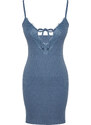 Trendyol Blue Lace and Tie Detail Ribbed Cotton Knitted Nightshirt