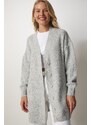 Happiness İstanbul Dámský šedý knoflík dlouhý pletený svetr
