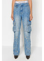 Trendyol X Sagaza Studio Modrý elastický detail a nošení džínů