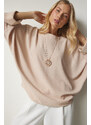 Happiness İstanbul Women's Beige Bat-Sleeved Flowy Airobine Blouse