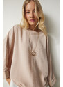 Happiness İstanbul Women's Beige Bat-Sleeved Flowy Airobine Blouse