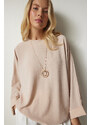 Happiness İstanbul Women's Beige Bat-Sleeved Flowy Airobine Blouse