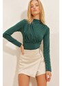 Trend Alaçatı Stili Women's Green High Neck Draped Sandy Bodysuit