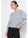 Trendyol Gray Melange Pearl Detailed Regular Fit Low-Sleeve Knitted Sweatshirt with Fleece Inside