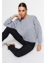 Trendyol Gray Melange Pearl Detailed Regular Fit Low-Sleeve Knitted Sweatshirt with Fleece Inside