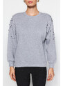 Trendyol Gray Melange Pearl Detailed Regular Fit Low-Sleeve Knitted Sweatshirt with Fleece Inside