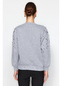 Trendyol Gray Melange Pearl Detailed Regular Fit Low-Sleeve Knitted Sweatshirt with Fleece Inside