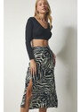 Happiness İstanbul Women's Black Cream Patterned Viscose Skirt with a Slit