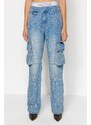 Trendyol X Sagaza Studio Modrý elastický detail a nošení džínů