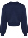 Trendyol Navy Blue Thick Inside With Fleece Printed Crew Neck Comfortable Cut Crop Knitted Sweatshirt