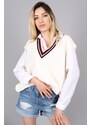 Madmext Women's White V-Neck Striped Sweater
