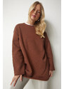 Happiness İstanbul Women's Brown Shark Oversized Knitted Sweatshirt
