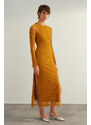 Trendyol Mustard Special Textured, Tulle Liner, Fitted Maxi Stand Collar, Flexible Knit Dress