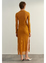 Trendyol Mustard Special Textured, Tulle Liner, Fitted Maxi Stand Collar, Flexible Knit Dress