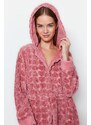 Trendyol Pink Belted Heart Pattern Fleece Knitted Dressing Gown