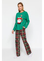 Trendyol Green 100% Cotton Christmas Theme Tshirt-Pants and Knitted Pajamas Set