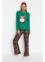 Trendyol Green 100% Cotton Christmas Theme Tshirt-Pants and Knitted Pajamas Set