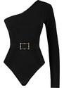 Trendyol Black Belt Detail One-Shoulder Fitted/Situated Elastic Knitted Body with Snap Snaps