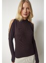 Happiness İstanbul Women's Dark Brown Stand-Up Collar Open-Shoulder Knitwear Blouse