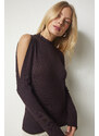 Happiness İstanbul Women's Dark Brown Stand-Up Collar Open-Shoulder Knitwear Blouse