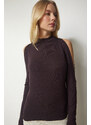 Happiness İstanbul Women's Dark Brown Stand-Up Collar Open-Shoulder Knitwear Blouse