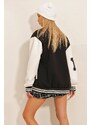 Trend Alaçatı Stili Women's Black-Ecru Inner Framed Color Block Coat Of Arms College Jacket