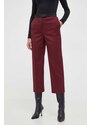 Vlněné kalhoty BOSS vínová barva, jednoduché, high waist