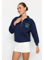 Trendyol Navy Blue Zipper Collar Embroidery Detail Regular Fit Knitted Sweatshirt with Fleece Inside