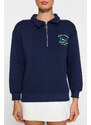 Trendyol Navy Blue Zipper Collar Embroidery Detail Regular Fit Knitted Sweatshirt with Fleece Inside