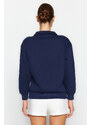 Trendyol Navy Blue Zipper Collar Embroidery Detail Regular Fit Knitted Sweatshirt with Fleece Inside