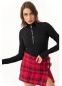 Lafaba Women's Black Front Zipper Long Sleeve Ribbed Flexible Snaps Knitted Bodysuit