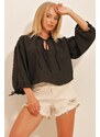 Trend Alaçatı Stili Women's Black Big Collar Balloon Sleeve Linen Blouse