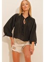 Trend Alaçatı Stili Women's Black Big Collar Balloon Sleeve Linen Blouse