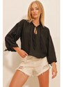 Trend Alaçatı Stili Women's Black Big Collar Balloon Sleeve Linen Blouse