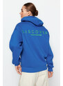 Trendyol Sax Hoody with a Printed Back Oversized/Wide-Wide Fit Fleece Inside Knitted Sweatshirt