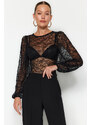 Trendyol Black Gathered Detailed Crew Neck Lace Snaps Knitted Bodysuit