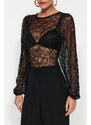 Trendyol Black Gathered Detailed Crew Neck Lace Snaps Knitted Bodysuit