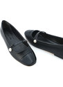 Marjin Women's Banded Pearl Detail Ballet Flats with a scalloped pattern, Black.