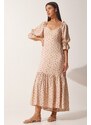 Happiness İstanbul Women's Beige Patterned Heart Collar Viscose Dress