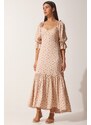 Happiness İstanbul Women's Beige Patterned Heart Collar Viscose Dress