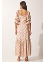 Happiness İstanbul Women's Beige Patterned Heart Collar Viscose Dress