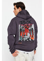 Trendyol Anthracite Oversize/Wide Cut Fleece Inside Hooded Rock Printed Sweatshirt