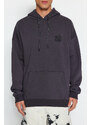 Trendyol Anthracite Oversize/Wide Cut Fleece Inside Hooded Rock Printed Sweatshirt
