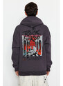 Trendyol Anthracite Oversize/Wide Cut Fleece Inside Hooded Rock Printed Sweatshirt