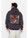 Trendyol Anthracite Oversize/Wide Cut Fleece Inside Hooded Rock Printed Sweatshirt