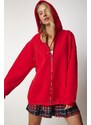 Happiness İstanbul Women's Red Hooded Zipper Oversize Sweatshirt