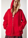 Happiness İstanbul Women's Red Hooded Zipper Oversize Sweatshirt