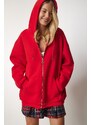 Happiness İstanbul Women's Red Hooded Zipper Oversize Sweatshirt