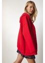 Happiness İstanbul Women's Red Hooded Zipper Oversize Sweatshirt